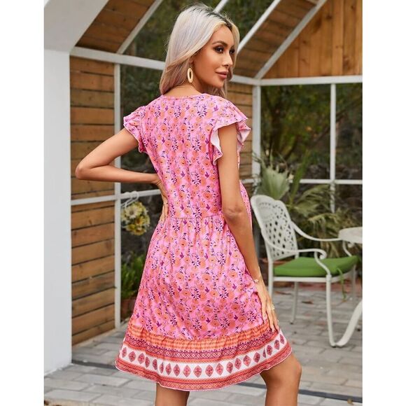 NEW Maternity Pink Ruffle Cap V Neck Floral Boho Dress L - Picture 3 of 5